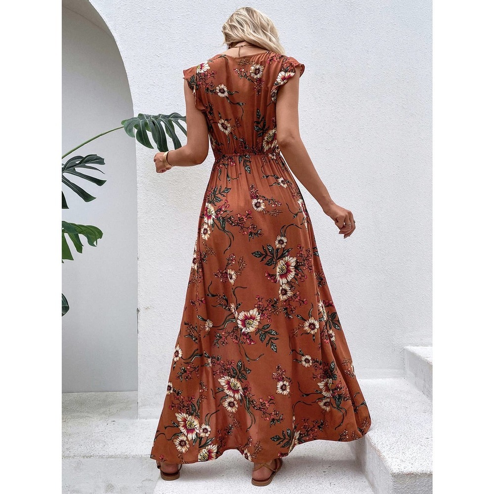 boho Floral Print Ruffle Slit Thigh maxi Dress (Without Belt) rust orange - Picture 2 of 11